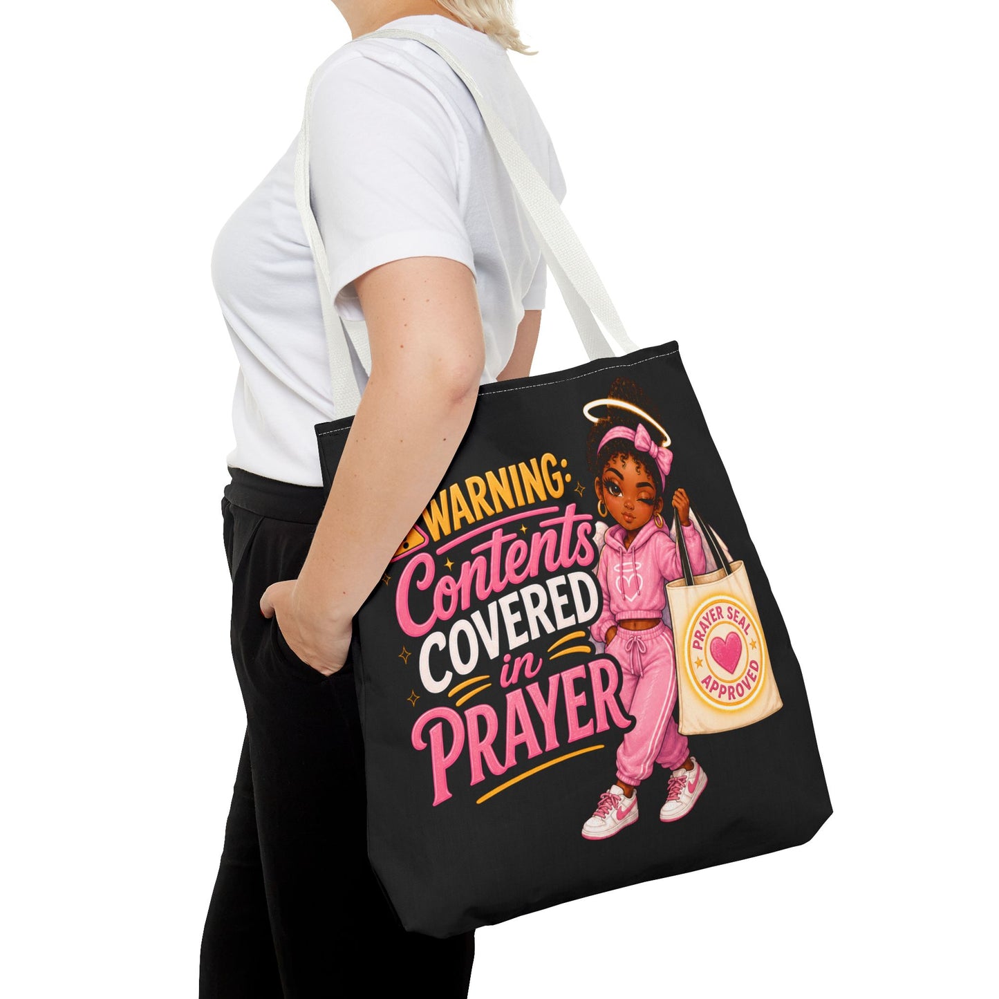 Tote Bag — "Warning: Contents Covered in Prayer" Pink Faith Tote - ClaimedbyGodDesigns