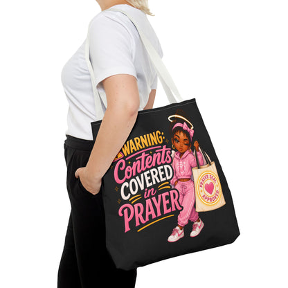 Tote Bag — "Warning: Contents Covered in Prayer" Pink Faith Tote - ClaimedbyGodDesigns