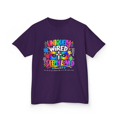 Youth Autism Awareness T-Shirt — "Uniquely Wired, Deeply Loved" Colorful Autism Pride Tee
