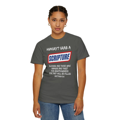 Scripture Snack T-Shirt — "Hungry? Grab a Scripture" Matthew 5:6 Christian Tee