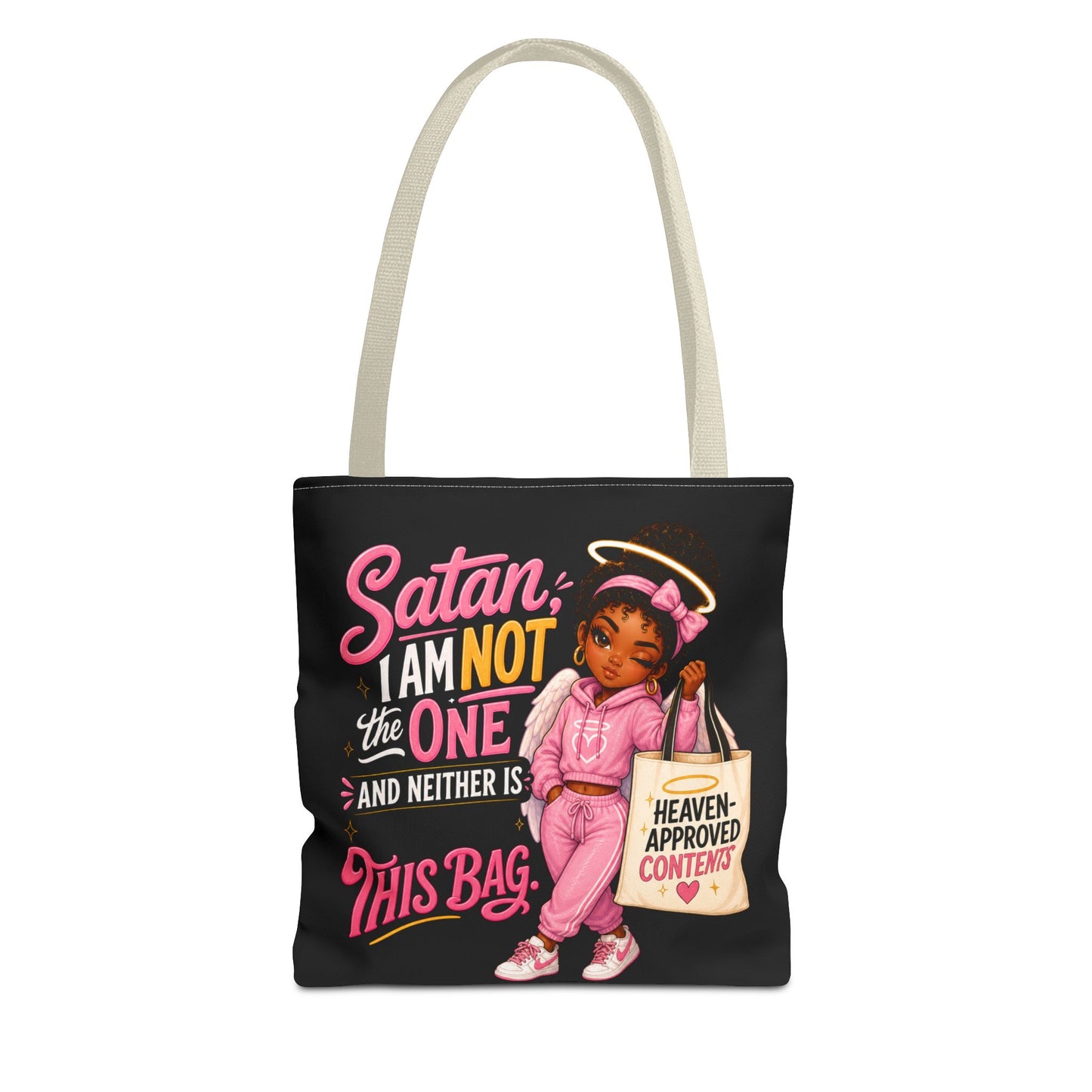 Tote Bag — "Satan I Am Not The One" Retro Angel Girl Tote (Heaven Approved Content) - ClaimedbyGodDesigns