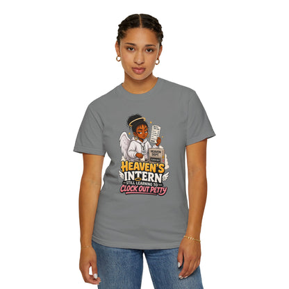 Heaven's Intern T-shirt – Funny Angel Nurse Tee ('Still Learning to Clock Out Petty') - ClaimedbyGodDesigns