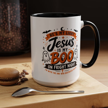 Christian Coffee Mug — "He's My Light, Jesus Is My Boo" Halloween Accent Mug