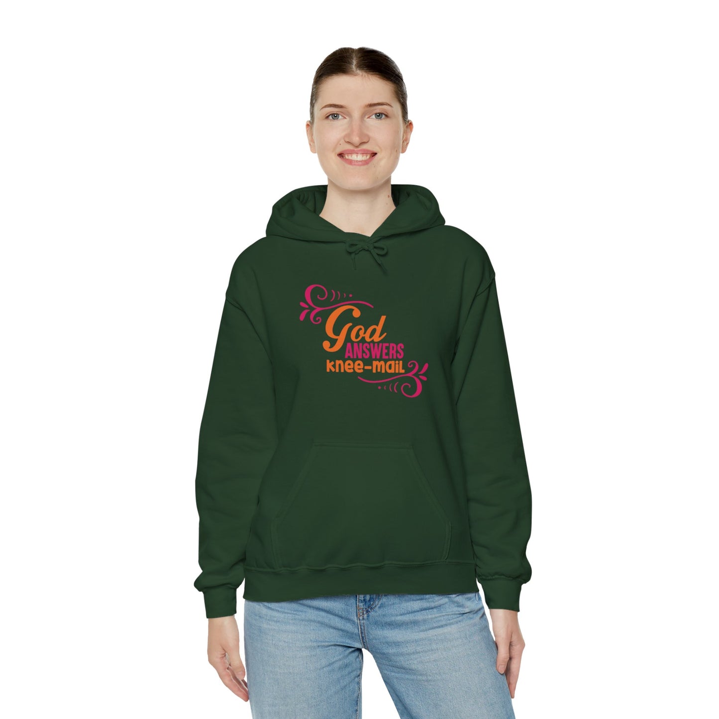 God Answers Knee Mail Funny Unisex Christian Hooded Pullover Sweatshirt