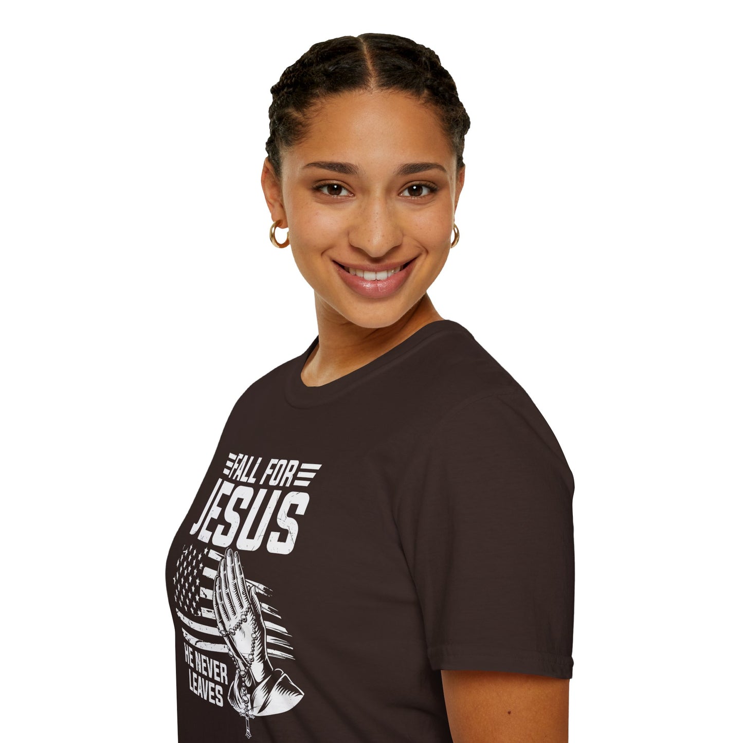 Fall For Jesus He Never Leaves American Patriotic Christian Unisex T-shirt