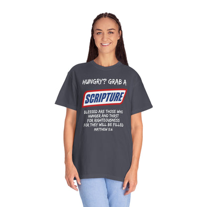 Scripture Snack T-Shirt — "Hungry? Grab a Scripture" Matthew 5:6 Christian Tee