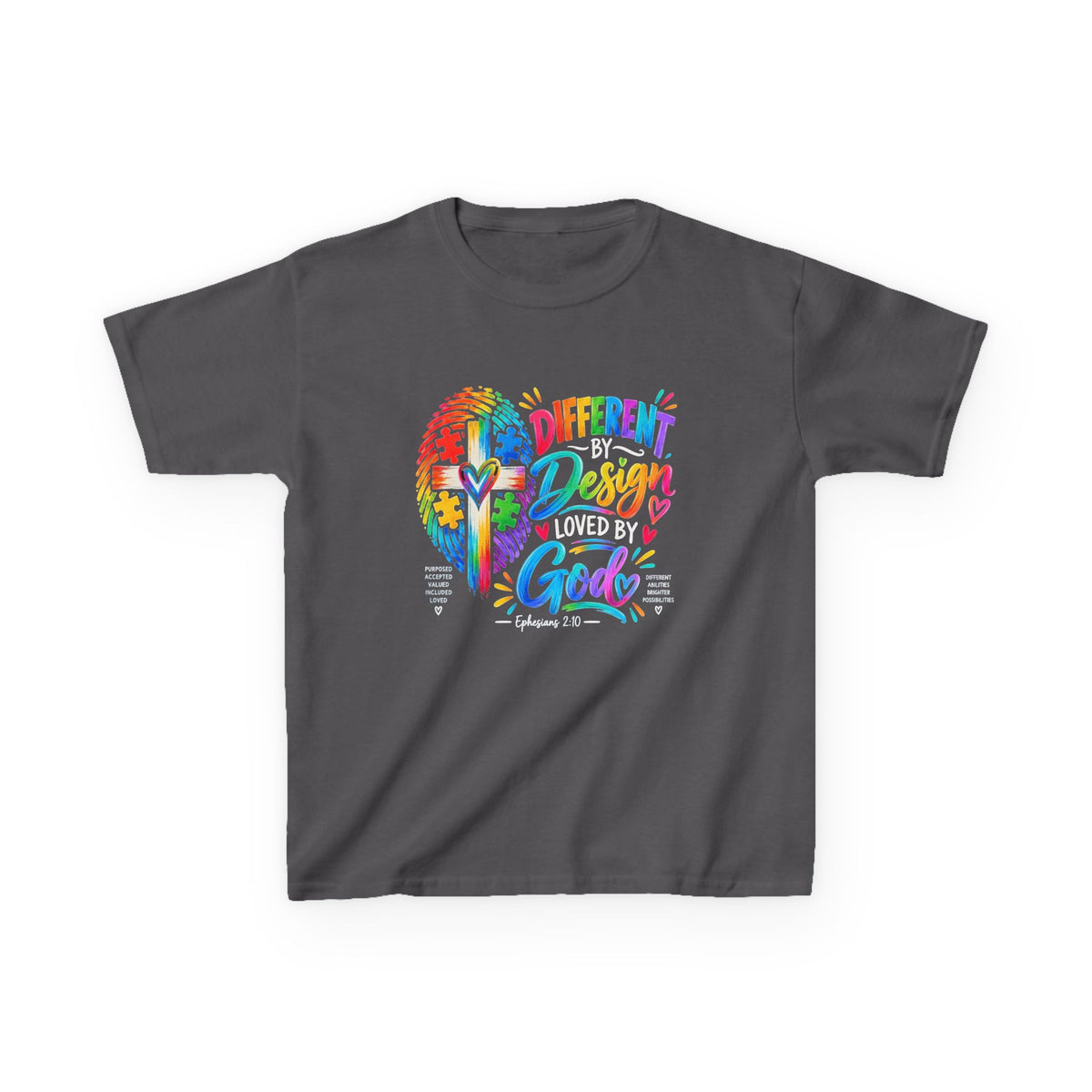 Different by Design, Loved by God autism awareness youth t-shirt