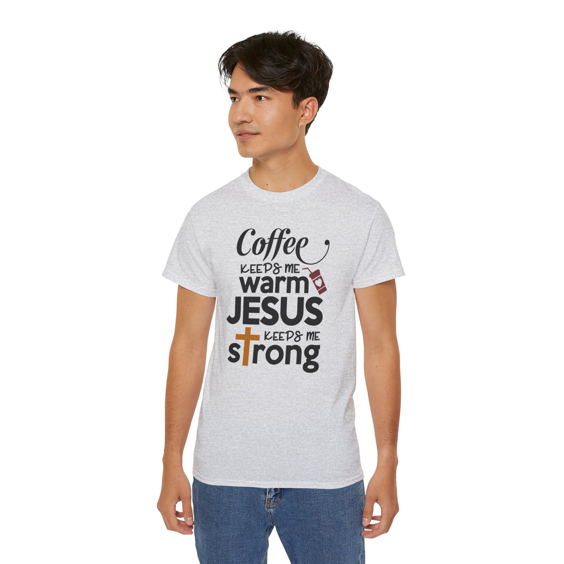 COFFEE KEEPS ME WARM JESUS KEEPS ME STRONG FUNNY Unisex Christian Ultra Cotton Tee Printify