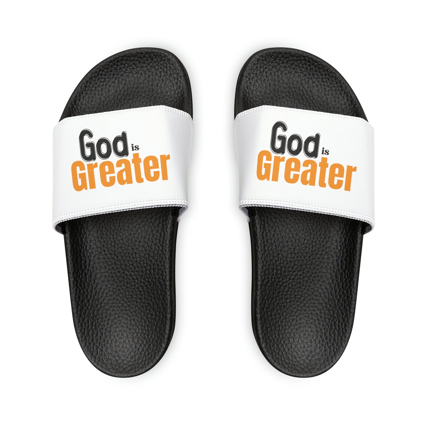 God Is Greater Men's PU Christian Slide Sandals Printify