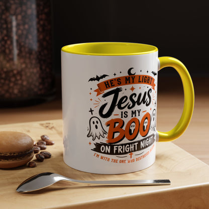 Christian Coffee Mug — "He's My Light, Jesus Is My Boo" Halloween Accent Mug