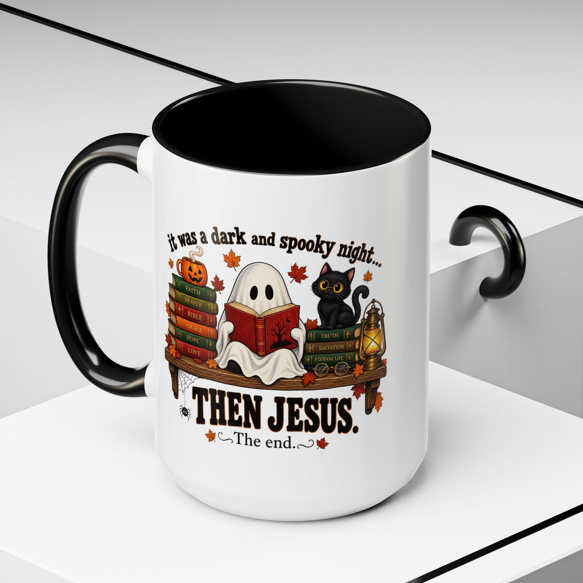 Halloween Christian Coffee Mug — “It Was a Dark and Spooky Night… Then Jesus” Accent Mug