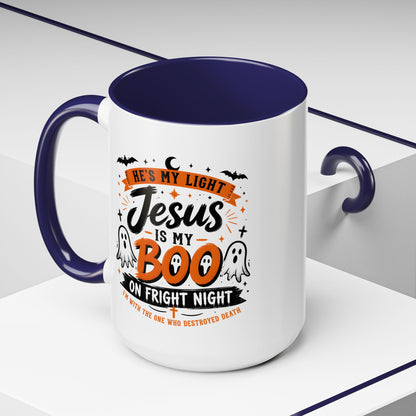 Christian Coffee Mug — "He's My Light, Jesus Is My Boo" Halloween Accent Mug