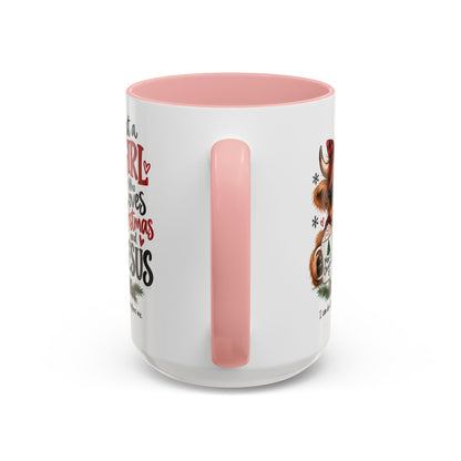 Just a Girl Who Loves Christmas and Jesus Highland Cow Coffee Mug
