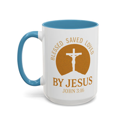 Inspirational Accent Coffee Mug - Blessed, Saved, Loved by Him | John 3:16
