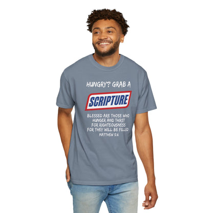 Scripture Snack T-Shirt — "Hungry? Grab a Scripture" Matthew 5:6 Christian Tee