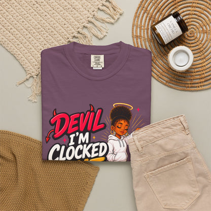 T-Shirt — "Devil I'm Clocked Out for Drama" Graphic Tee - ClaimedbyGodDesigns