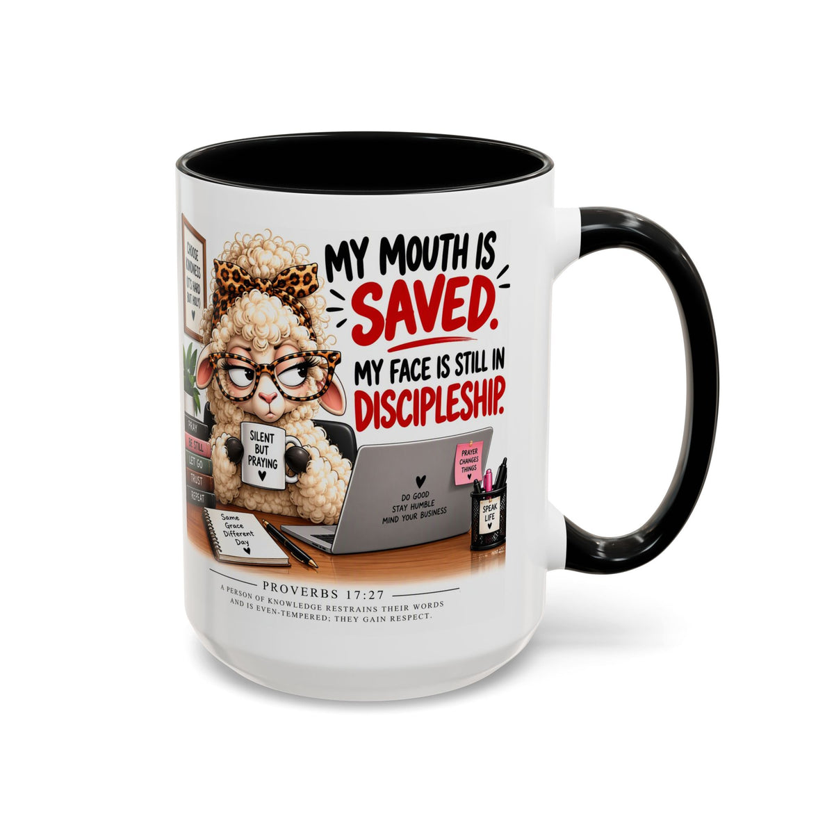 Saved & Sassy Sheep Coffee Mug — "My Mouth Is Saved, My Face Is Still In Discipleship" Accent Mug