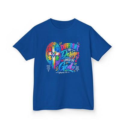 Youth Autism Awareness T-Shirt — "Different by Design, Loved by God" Colorful Cross Tee