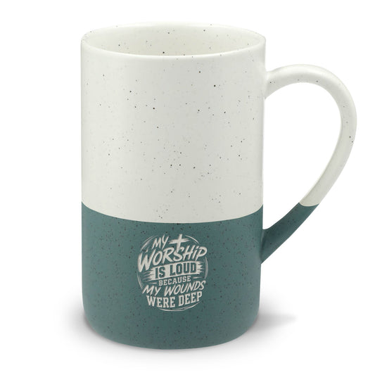 Speckled Two-Tone Christian Ceramic Mug — "My Worship Is Loud Because My Wounds Were Deep" Engraved 13oz