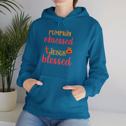 Pumpkin Obsessed And Blessed by Him Halloween Unisex Christian Pullover Hooded Sweatshirt