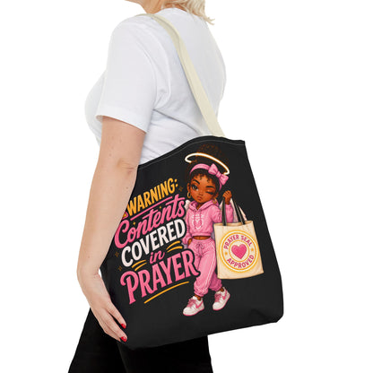 Tote Bag — "Warning: Contents Covered in Prayer" Pink Faith Tote - ClaimedbyGodDesigns
