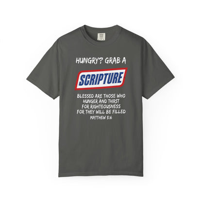 Scripture Snack T-Shirt — "Hungry? Grab a Scripture" Matthew 5:6 Christian Tee
