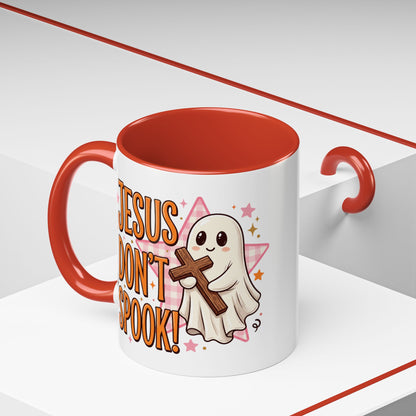 Accent Coffee Mug — "Jesus Don't Spook!" Cute Ghost Christian Coffee Mug (11/15oz)