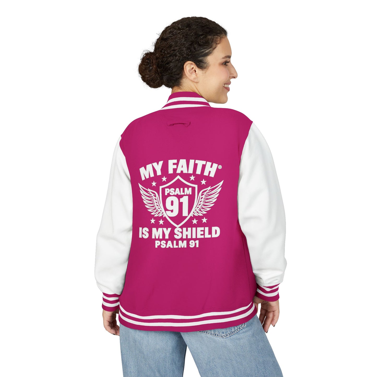 Letterman Jacket — “My Faith Is My Shield” 91 Vintage Varsity Jacket - ClaimedbyGodDesigns
