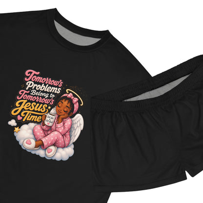 Women's Pajama Set — 'Tomorrow's Problems, Jesus' Time' Angel Graphic Sleepwear - ClaimedbyGodDesigns