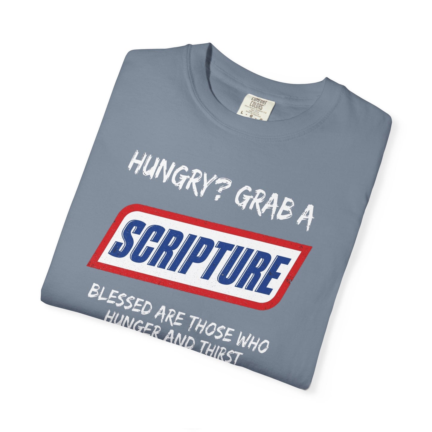 Scripture Snack T-Shirt — "Hungry? Grab a Scripture" Matthew 5:6 Christian Tee