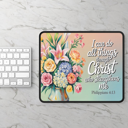 Inspirational Floral Gaming Mouse Pad - Philippians 4:13 - ClaimedbyGodDesigns