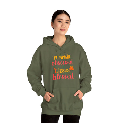 Pumpkin Obsessed And Blessed by Him Halloween Unisex Christian Pullover Hooded Sweatshirt