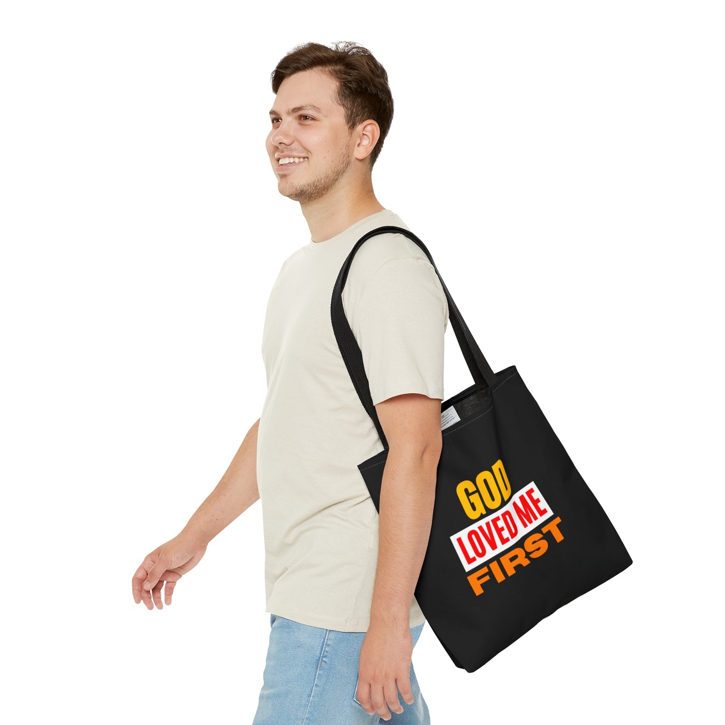 God Loved Me First Christian Tote Bag Printify