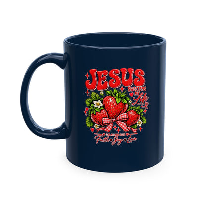 Ceramic Mug — "Jesus Sweetens My Life" Strawberry Faith Coffee Cup