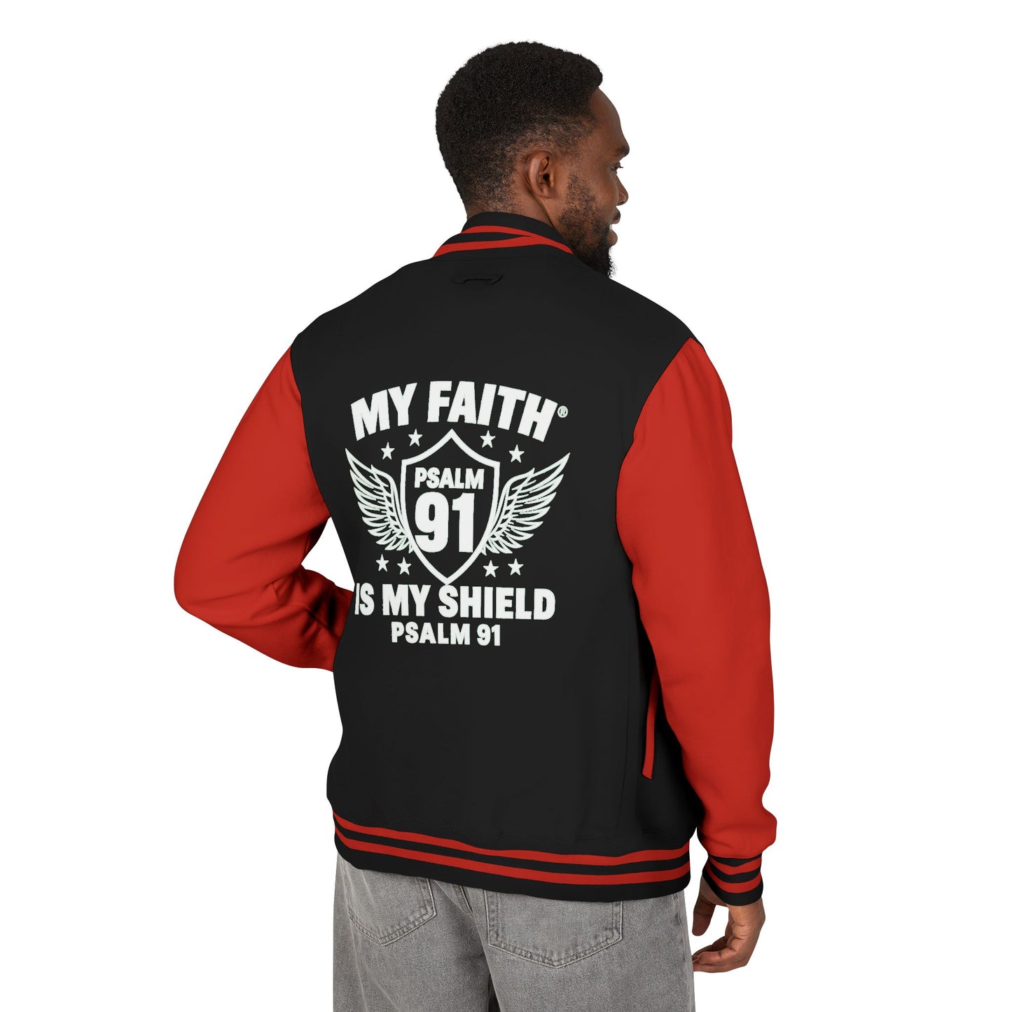 Letterman Jacket — “My Faith Is My Shield” 91 Vintage Varsity Jacket - ClaimedbyGodDesigns