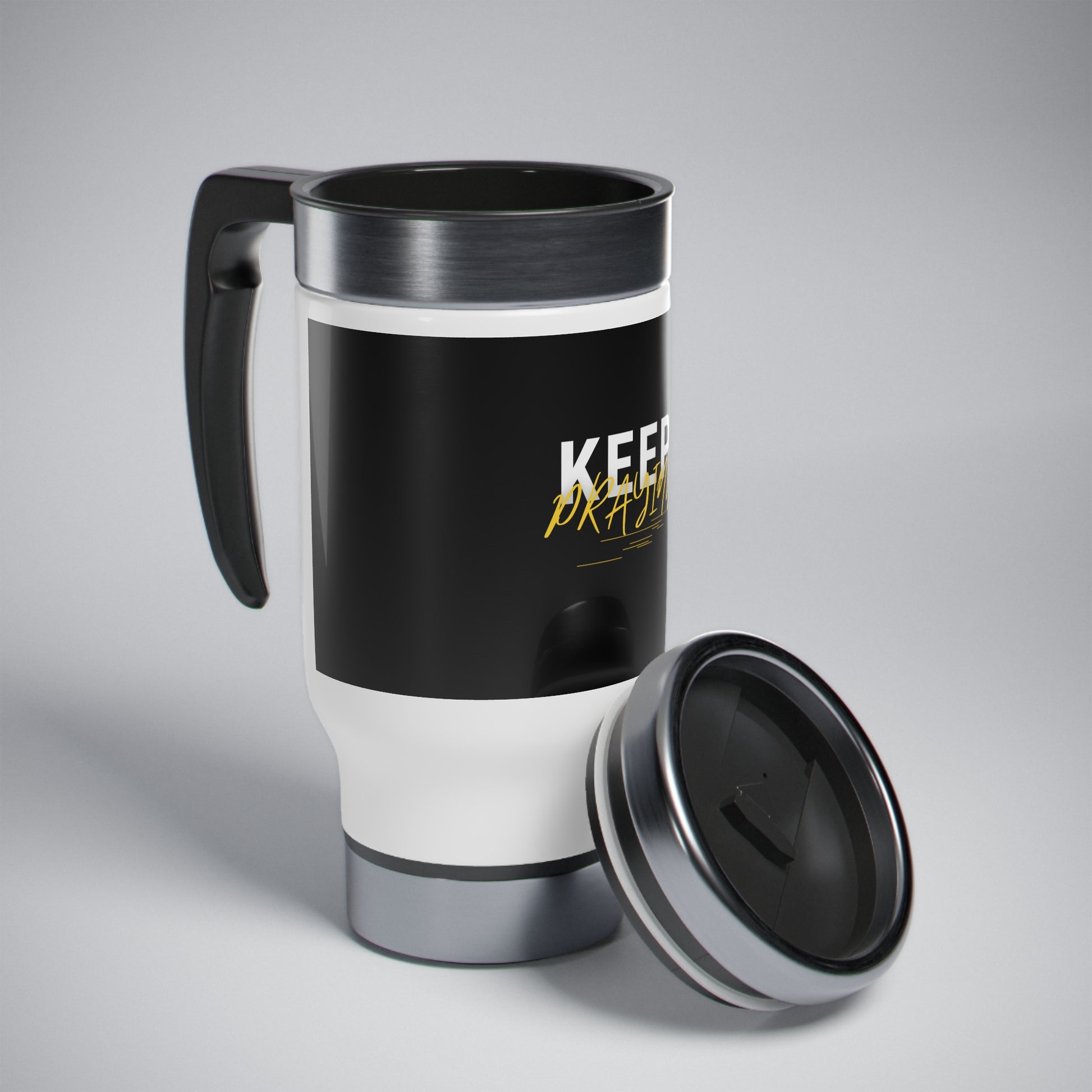 Keep Praying Travel Mug with Handle, 14oz Printify