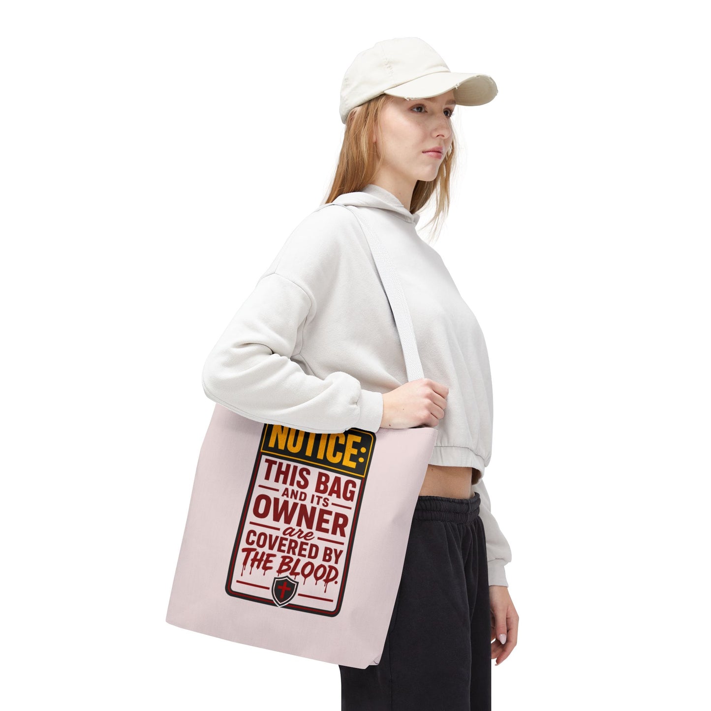 Tote Bag — "NOTICE: This Bag and Its Owner Are Covered by the Blood" Christian Faith Tote - ClaimedbyGodDesigns