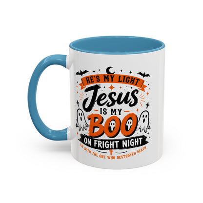Christian Coffee Mug — "He's My Light, Jesus Is My Boo" Halloween Accent Mug