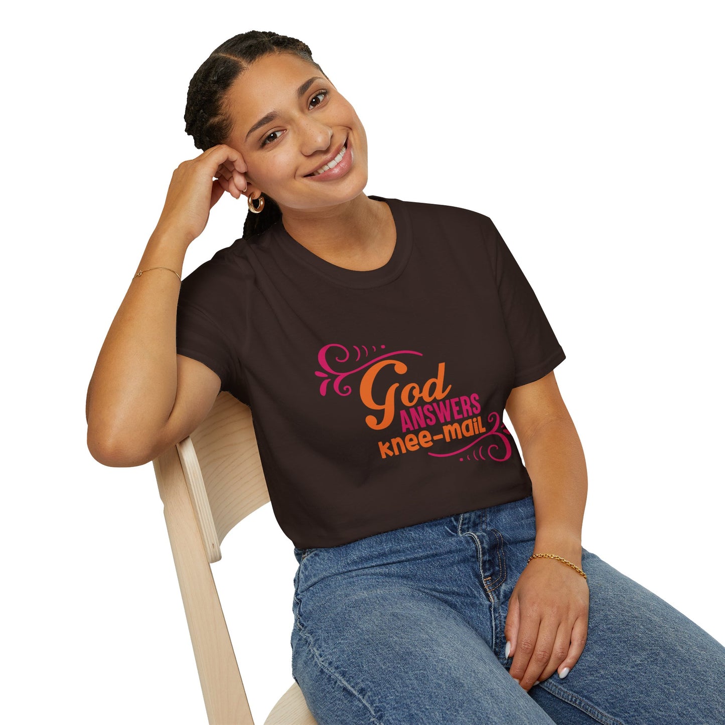 God Answers Knee Mail Funny Women's Christian T-shirt