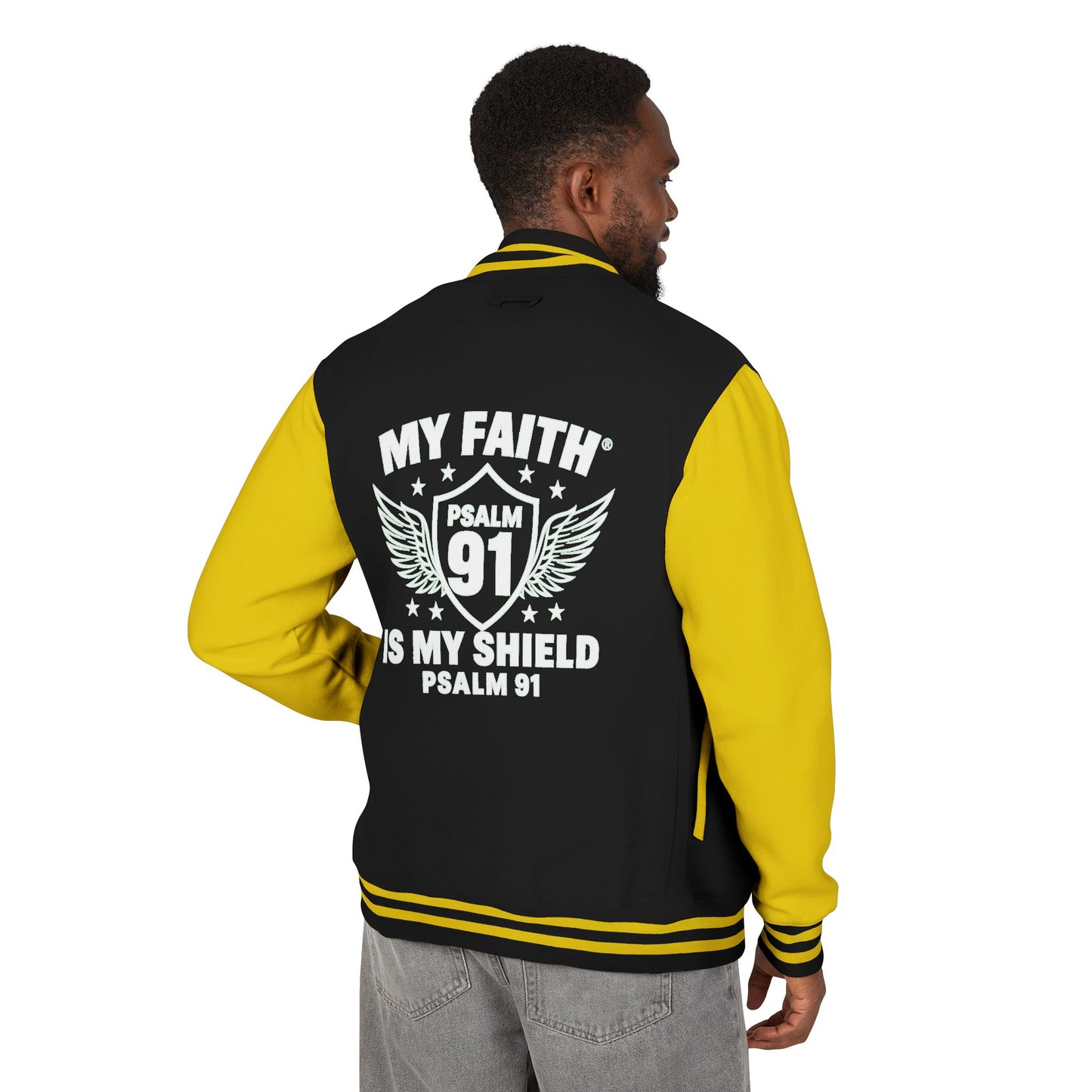 Letterman Jacket — “My Faith Is My Shield” 91 Vintage Varsity Jacket - ClaimedbyGodDesigns