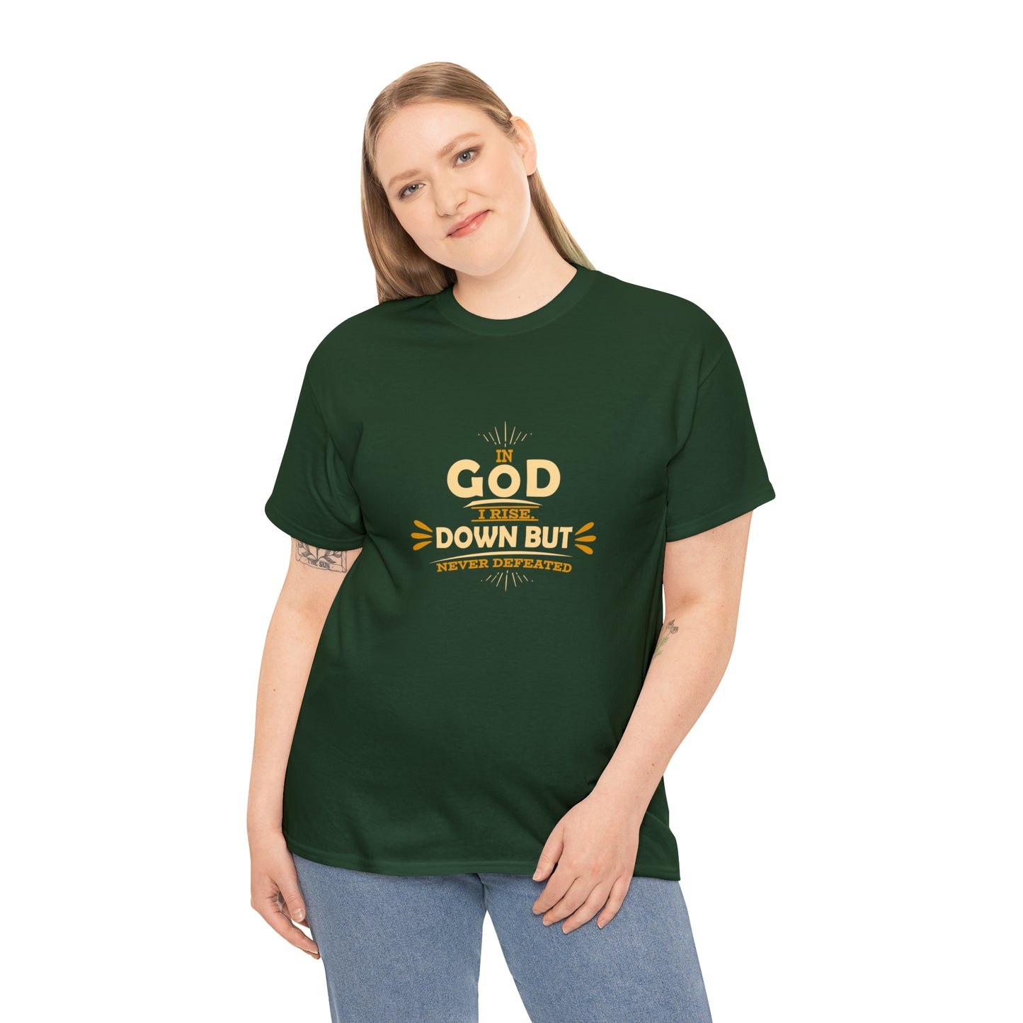 In God I Rise Down But Never Defeated  Unisex Heavy Cotton Tee