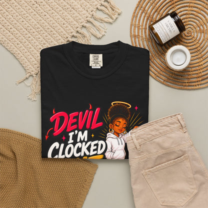 T-Shirt — "Devil I'm Clocked Out for Drama" Graphic Tee - ClaimedbyGodDesigns