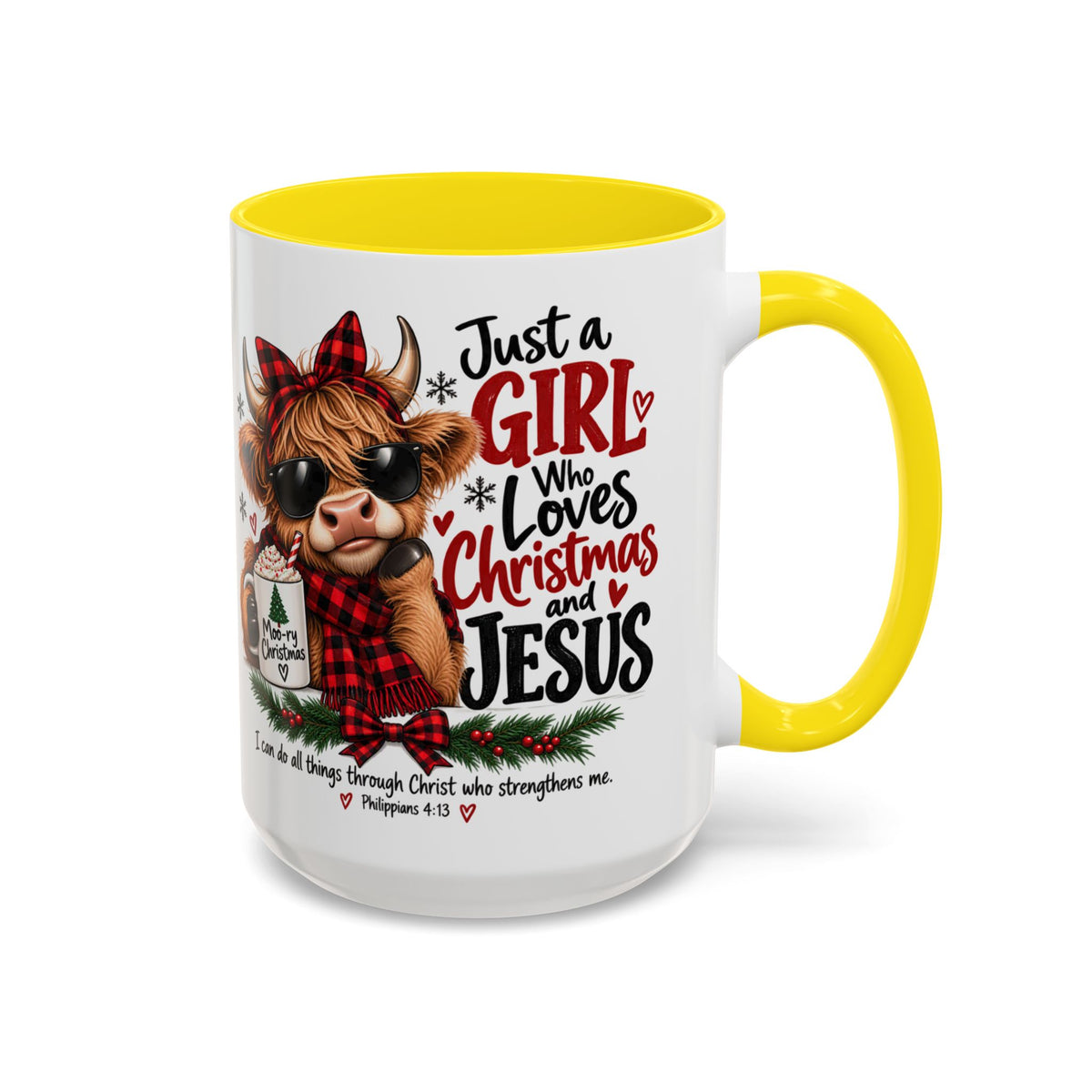 Just a Girl Who Loves Christmas and Jesus Highland Cow Coffee Mug