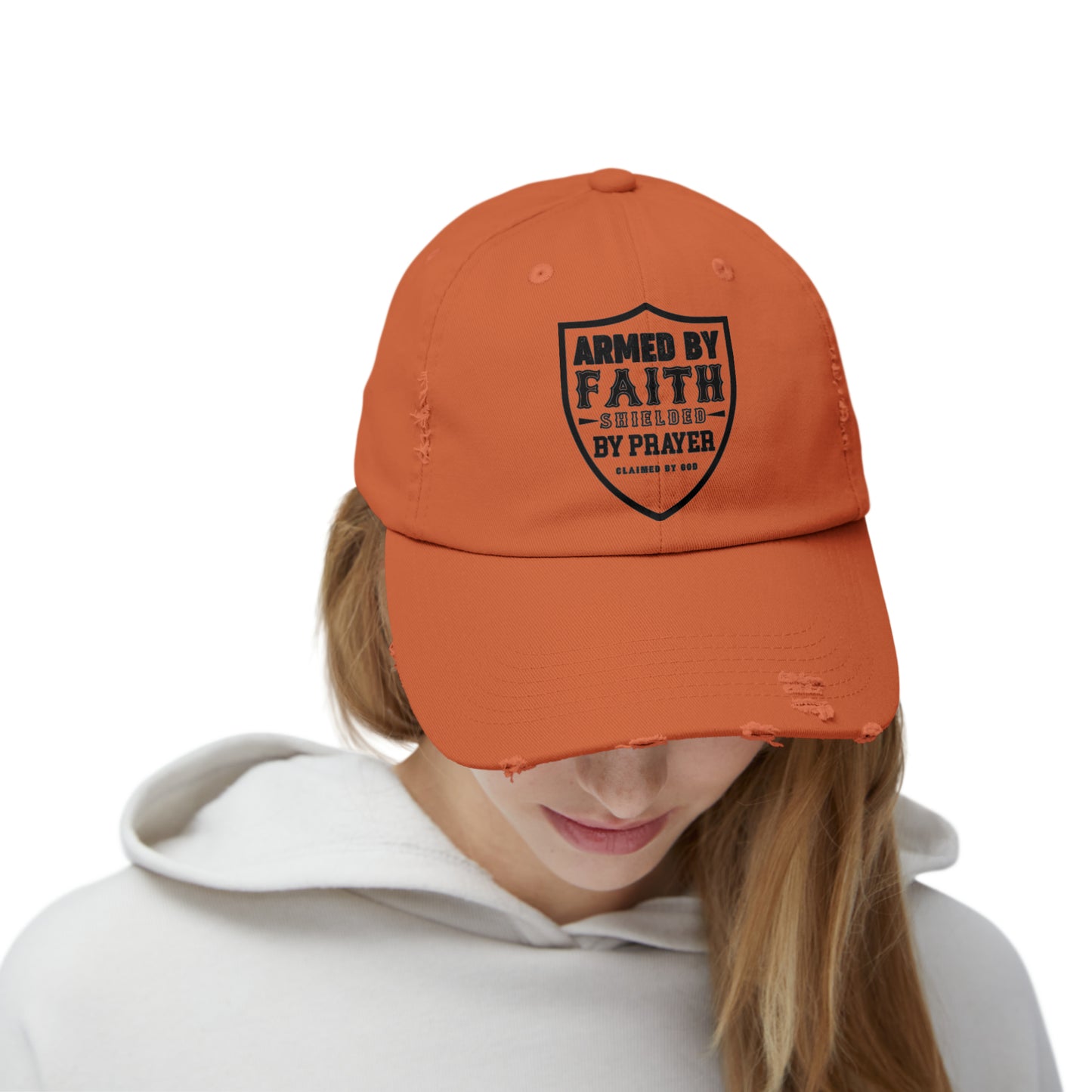 Armed By Faith Shielded By Prayer Unisex Christian Distressed Hat Printify