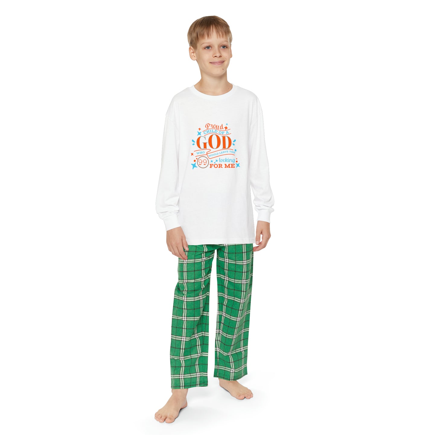 Proud Child Of A God Who Would Leave The 99 Looking For Me Youth Christian Long Sleeve Pajama Set Printify