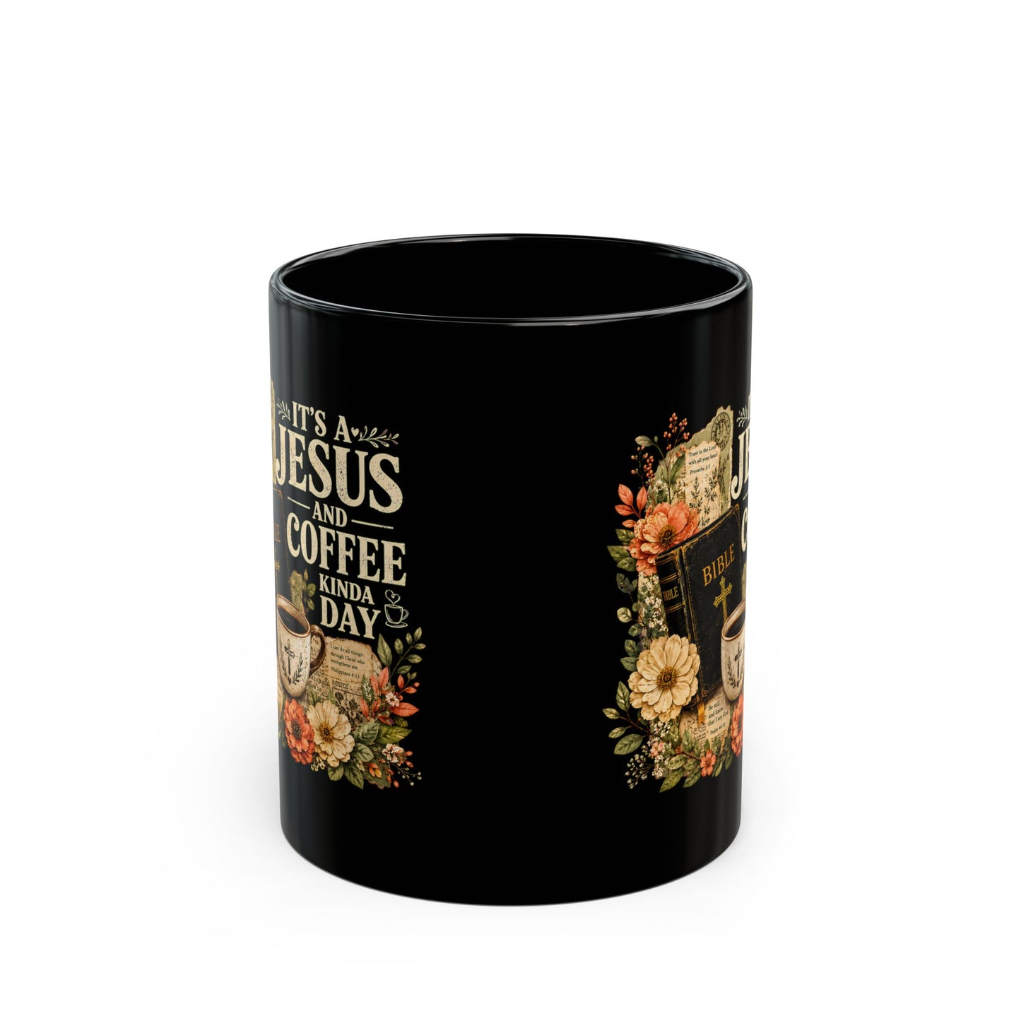 Jesus and Coffee Black Mug — Floral Bible Faith Coffee Cup (11oz/15oz) - ClaimedbyGodDesigns
