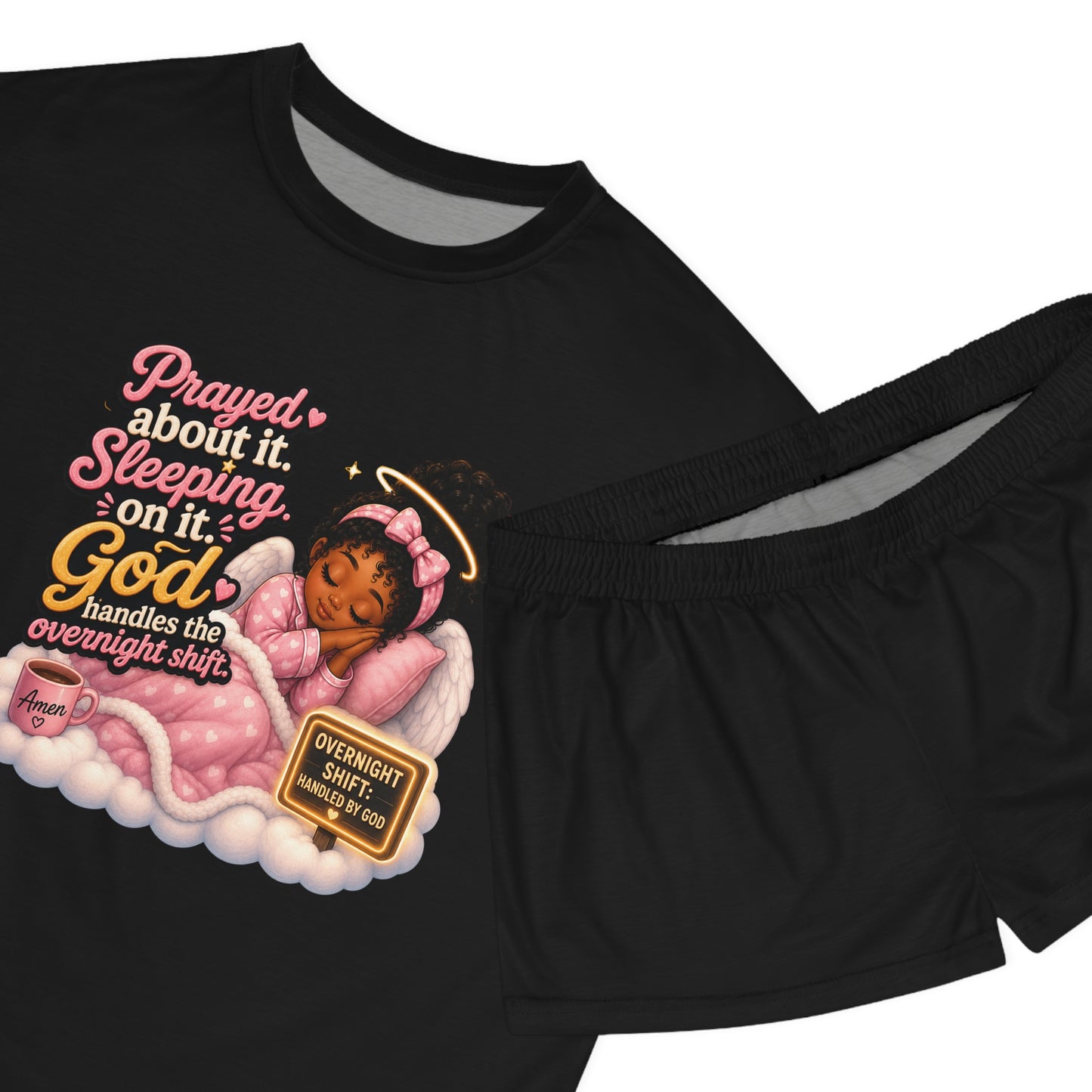 Christian Sleepwear Short Pajama Set — "Prayed About It, Sleeping On It, God Handles Overnight Shifts" - ClaimedbyGodDesigns