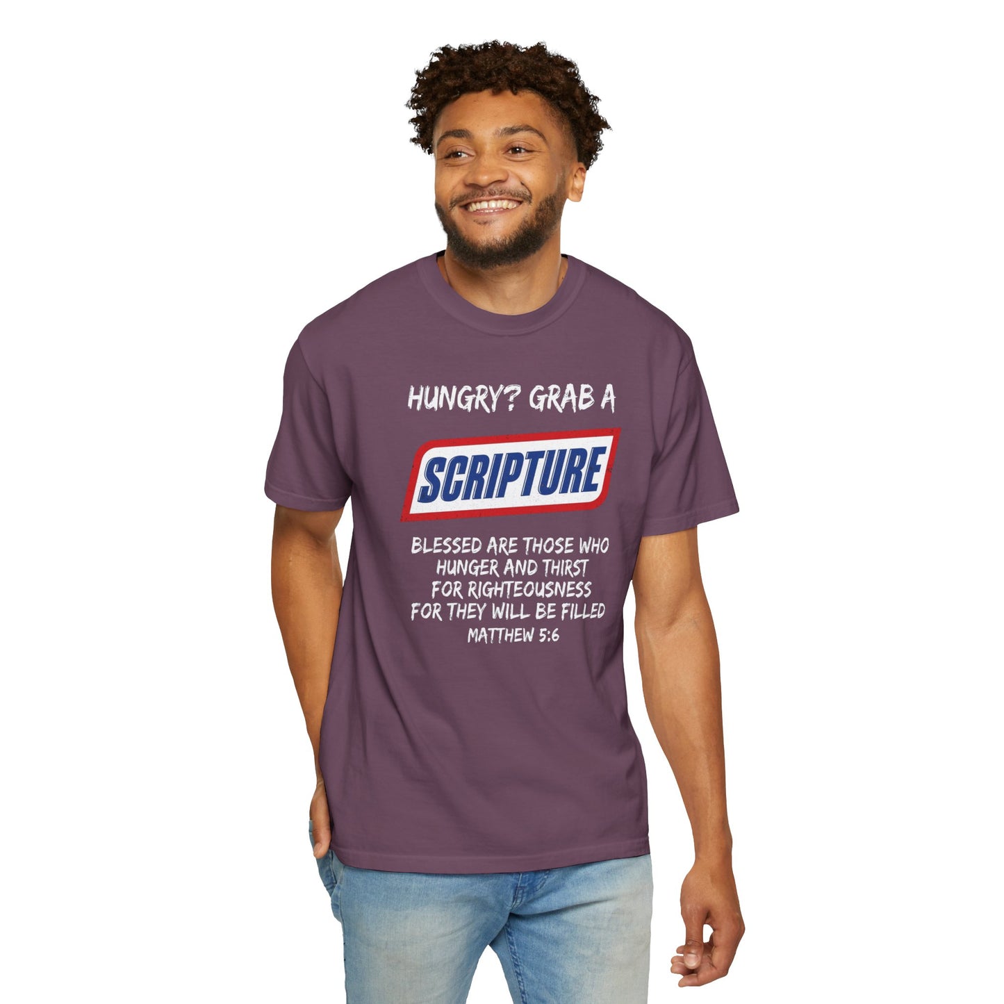 Scripture Snack T-Shirt — "Hungry? Grab a Scripture" Matthew 5:6 Christian Tee