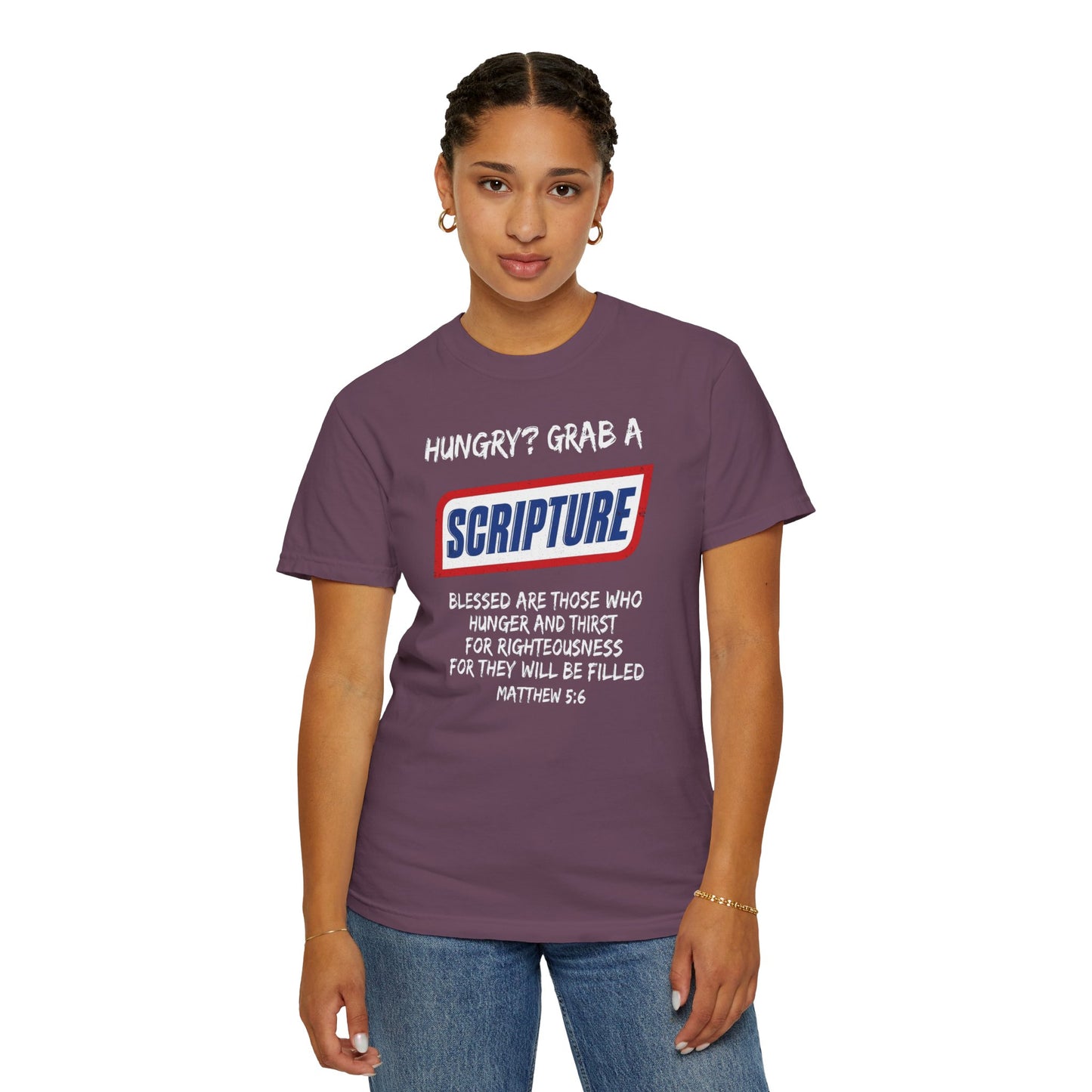 Scripture Snack T-Shirt — "Hungry? Grab a Scripture" Matthew 5:6 Christian Tee