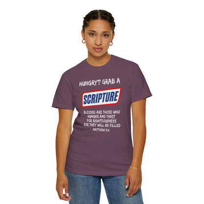 Scripture Snack T-Shirt — "Hungry? Grab a Scripture" Matthew 5:6 Christian Tee